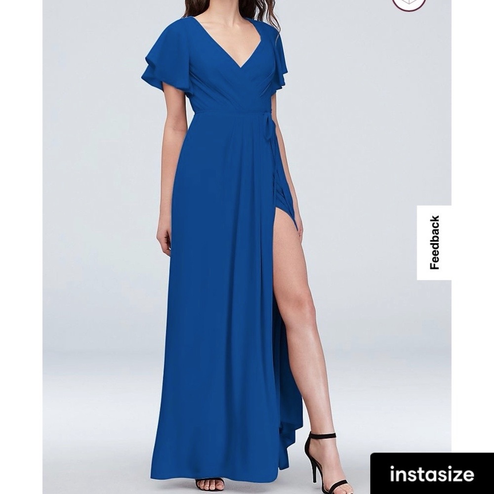 Colbalt blue Flutter sleeve wrap dress from David’s bridal